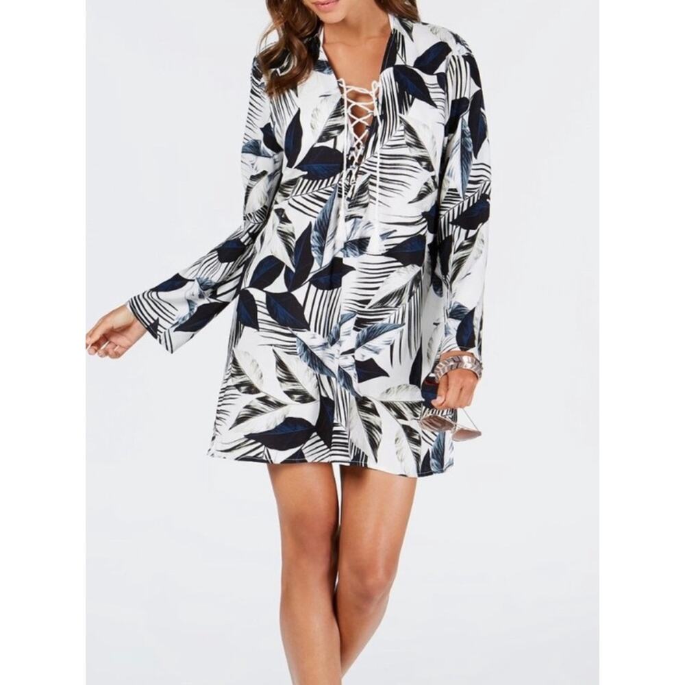 La Blanca White Navy and Gray Leaf-Print Lace-Up Swim Coverup